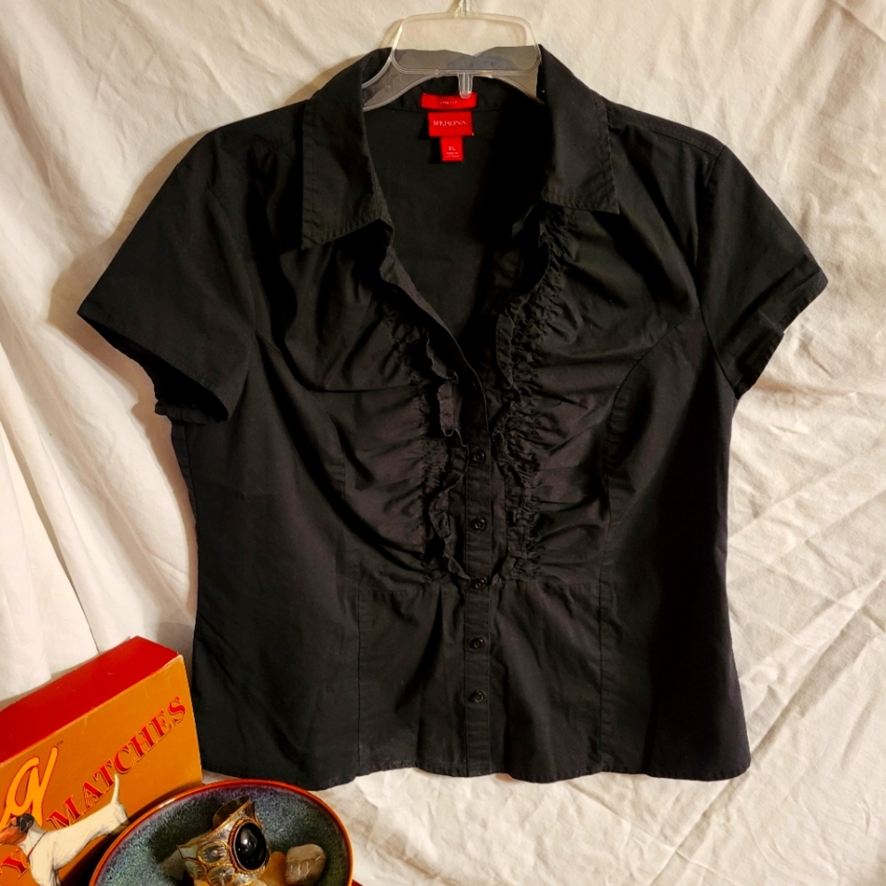 MERONA STRETCH RUFFLED SHORT SLEEVE DRESS SHIRT